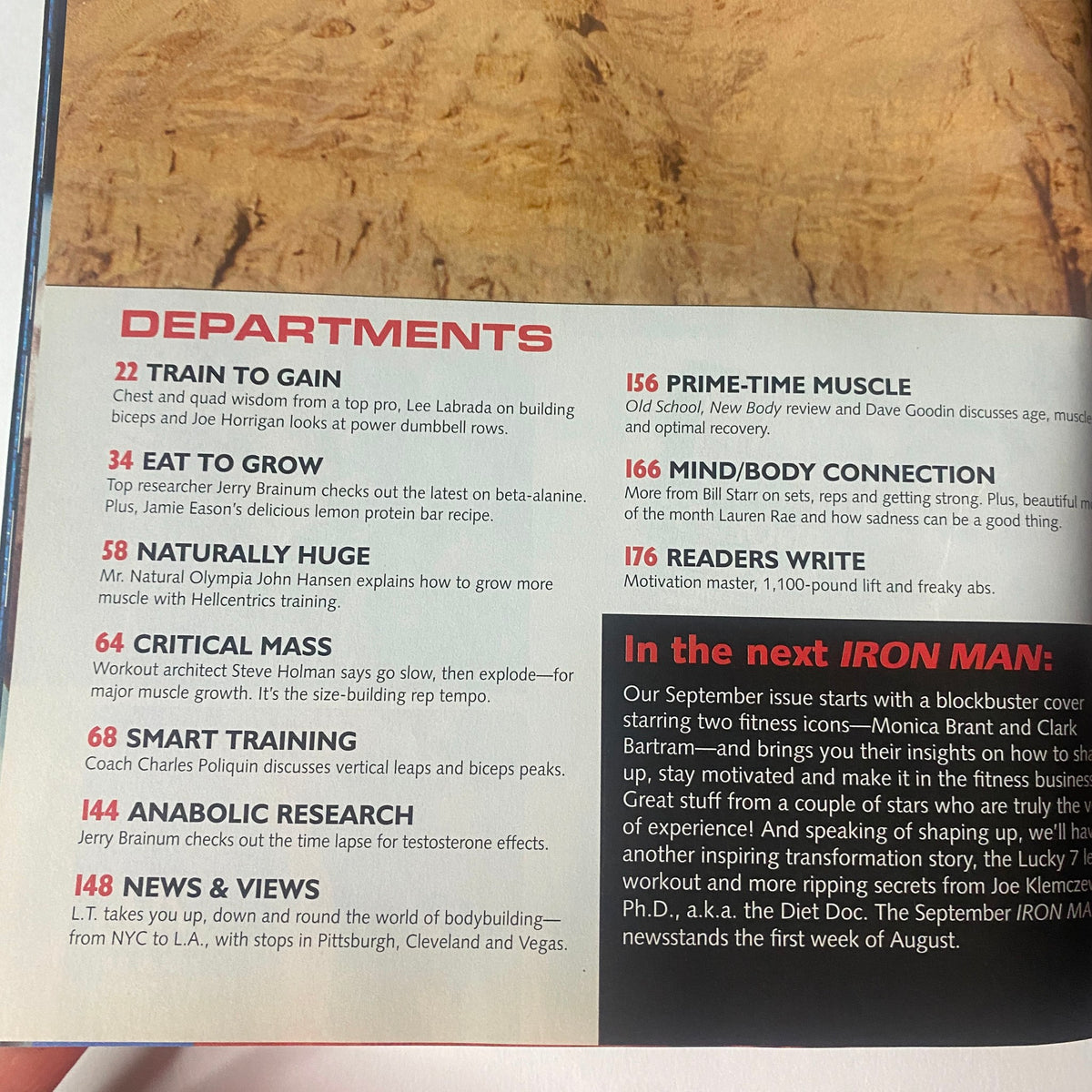 Departments section of IronMan Magazine August 2012 Vol 71 No. 8 featuring topics on training, nutrition, and muscle building.