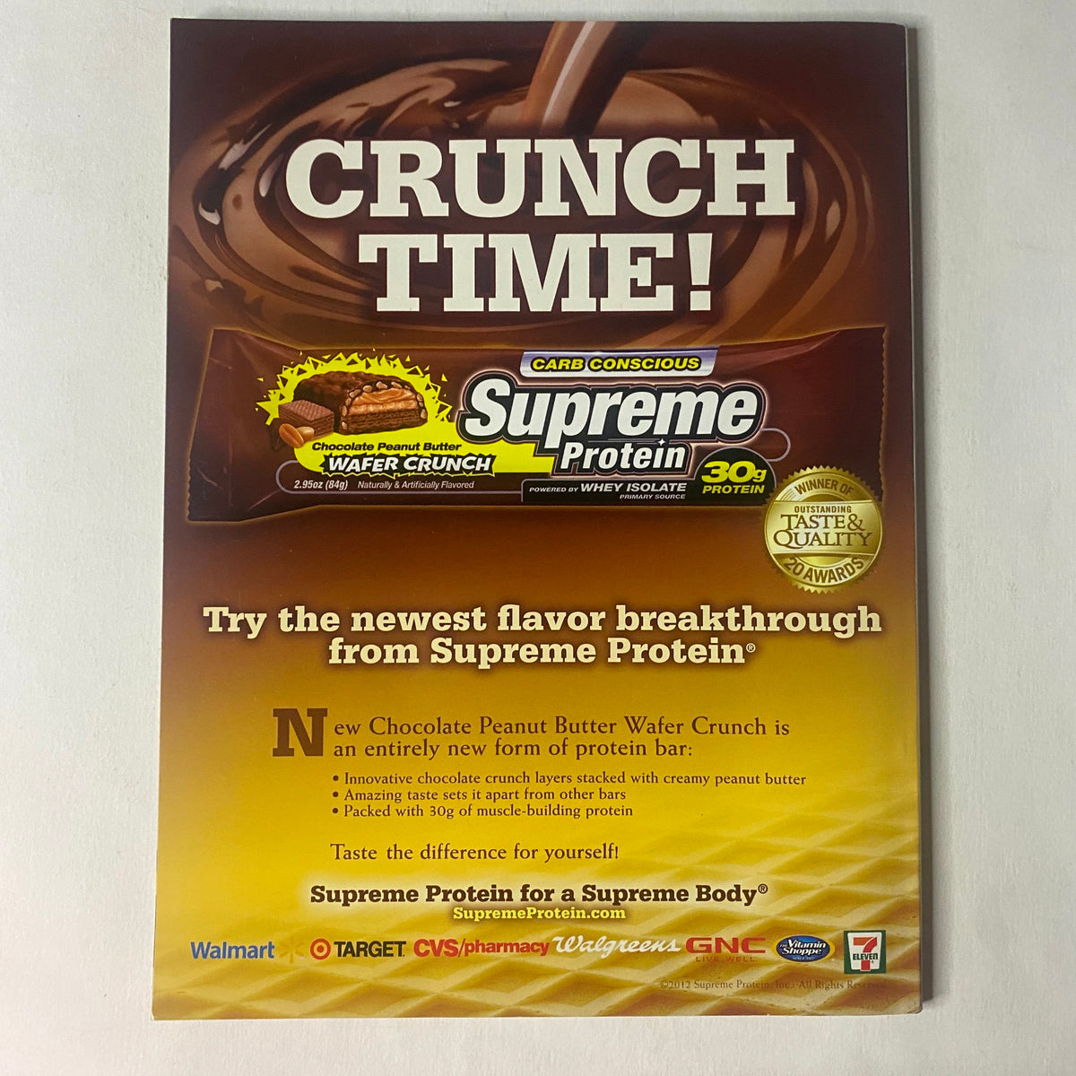 Advertisement for Supreme Protein featuring the new Chocolate Peanut Butter Wafer Crunch flavor in IronMan Magazine August 2012 Vol 71 No. 8.