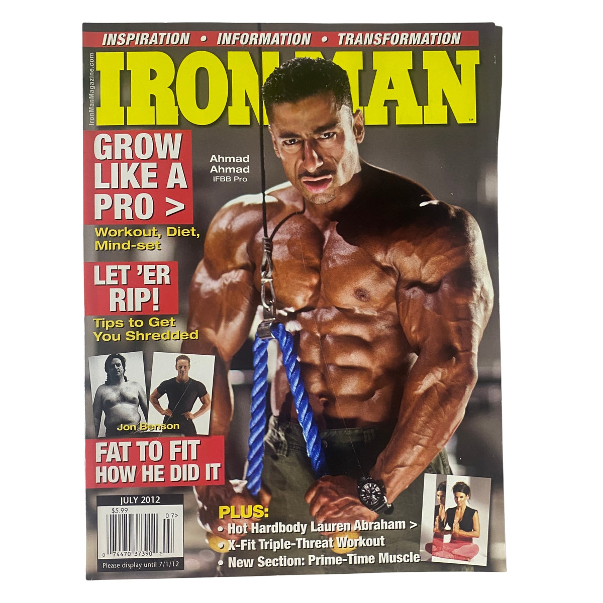Cover of IronMan Magazine July 2012 Vol 71 No. 7 featuring IFBB Pro Ahmad Ahmad showcasing his physique, with a headline about workout tips and features on fitness transformation.