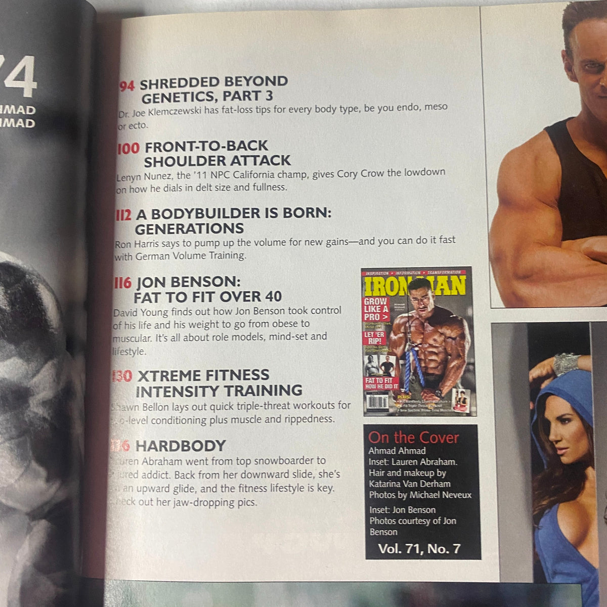 Table of contents from IronMan Magazine July 2012 Vol 71 No. 7 highlighting featured articles including 'Train, Eat, Grow 153', 'Transformation', and 'Ahmad Ahmad Guns and Poses'.