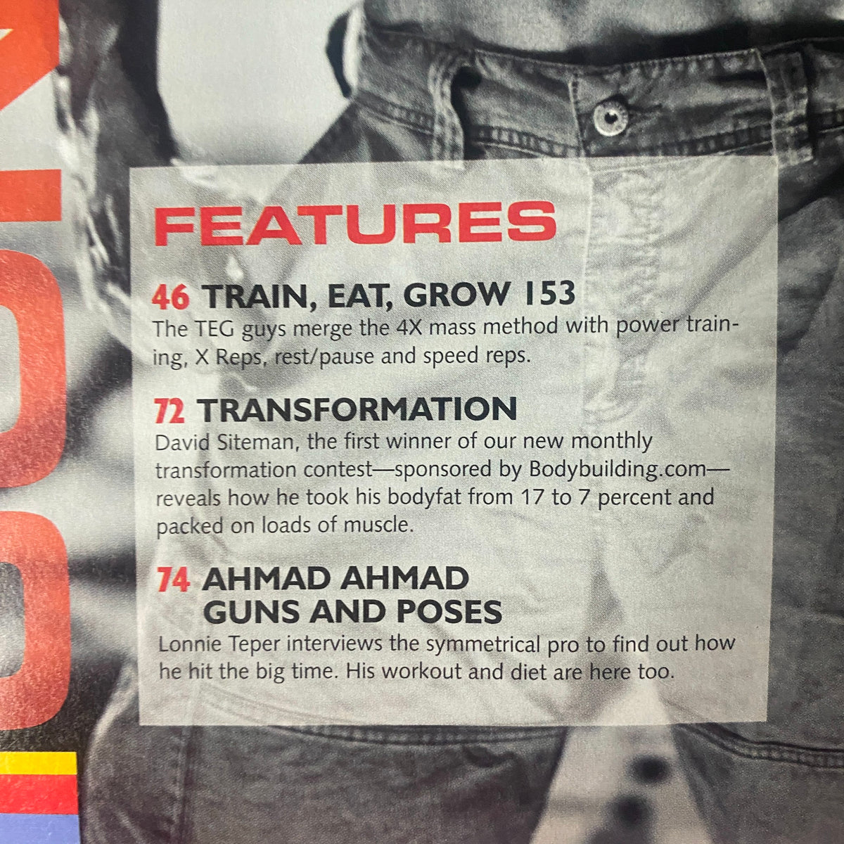 Image from IronMan Magazine July 2012 Vol 71 No. 7 listing fitness features including 'Fat to Fit Over 40' and 'Hardbody', with a focus on bodybuilding and workout techniques.