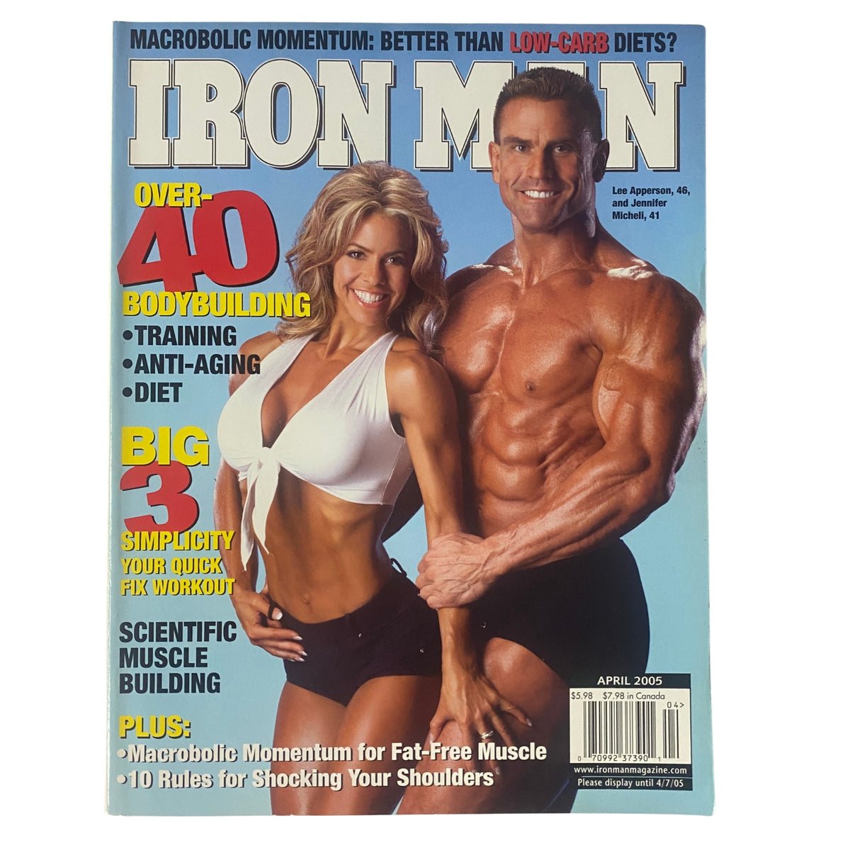IronMan Magazine April 2005 issue featuring Lee Apperson and Jennifer Micheli on the cover, highlighting bodybuilding over 40, training techniques, and scientific muscle building.