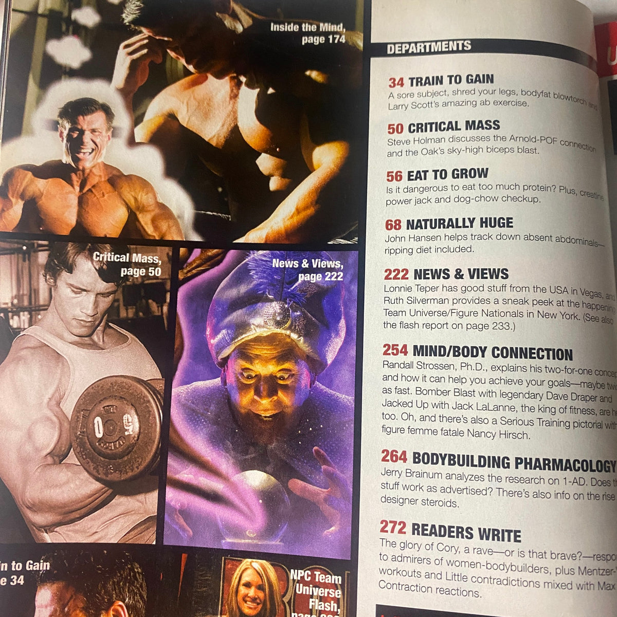 Inside the Mind article featuring Arnold Schwarzenegger in IronMan Magazine November 2004. Departments include Train to Gain and Critical Mass.