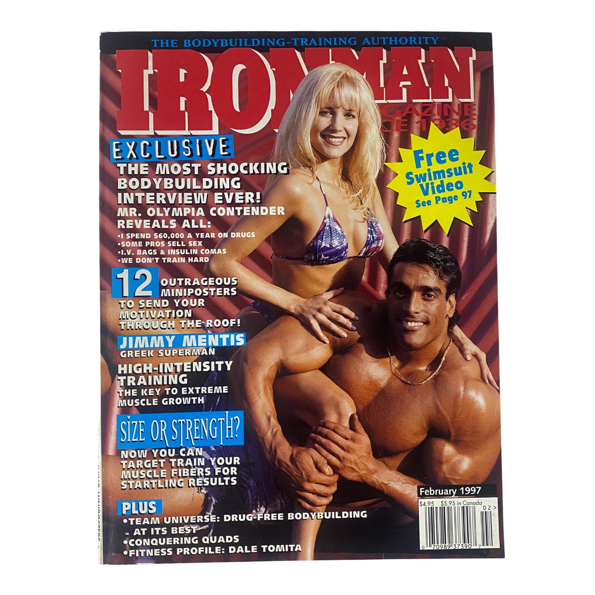 IronMan Magazine February 1997 cover featuring models Jimmy Mentis and Samantha Kelly, showcasing fitness topics and bodybuilding insights.