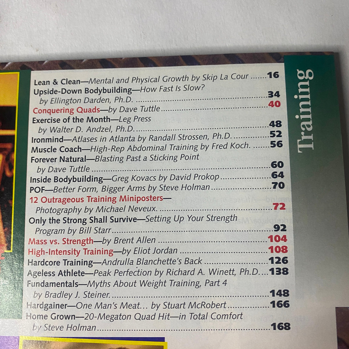 Table of contents from the IronMan Magazine February 1997 issue featuring training articles including 'Lean & Clean', 'Upside-Down Bodybuilding', and 'High-Intensity Training'.