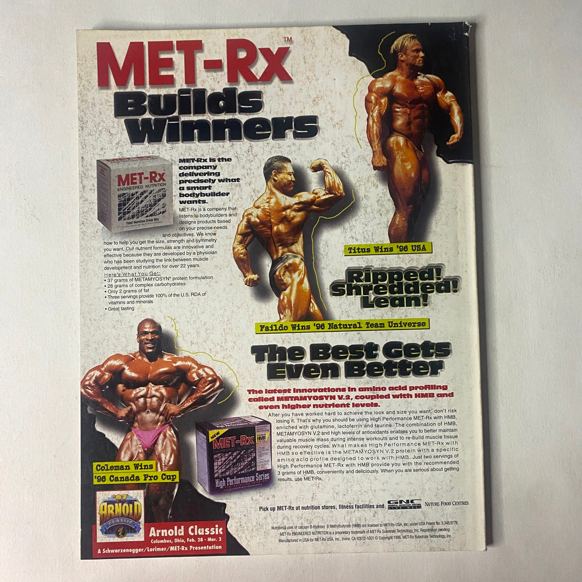 Advertisement for MET-Rx in the IronMan Magazine February 1997 issue, promoting bodybuilding supplements and featuring notable athletes.