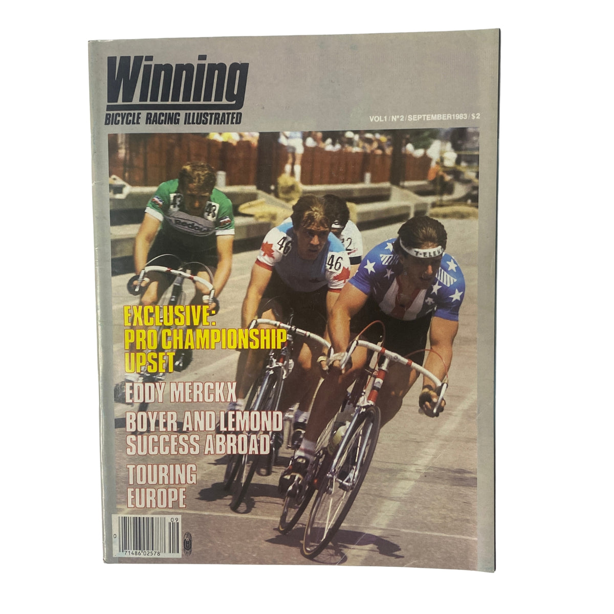 Cover of Winning Bicycle Racing Illustrated, September 1983, featuring cyclists in action during the U.S. Pro Championship. Highlights include Eddy Merckx and exclusive articles on cycling's European heritage.