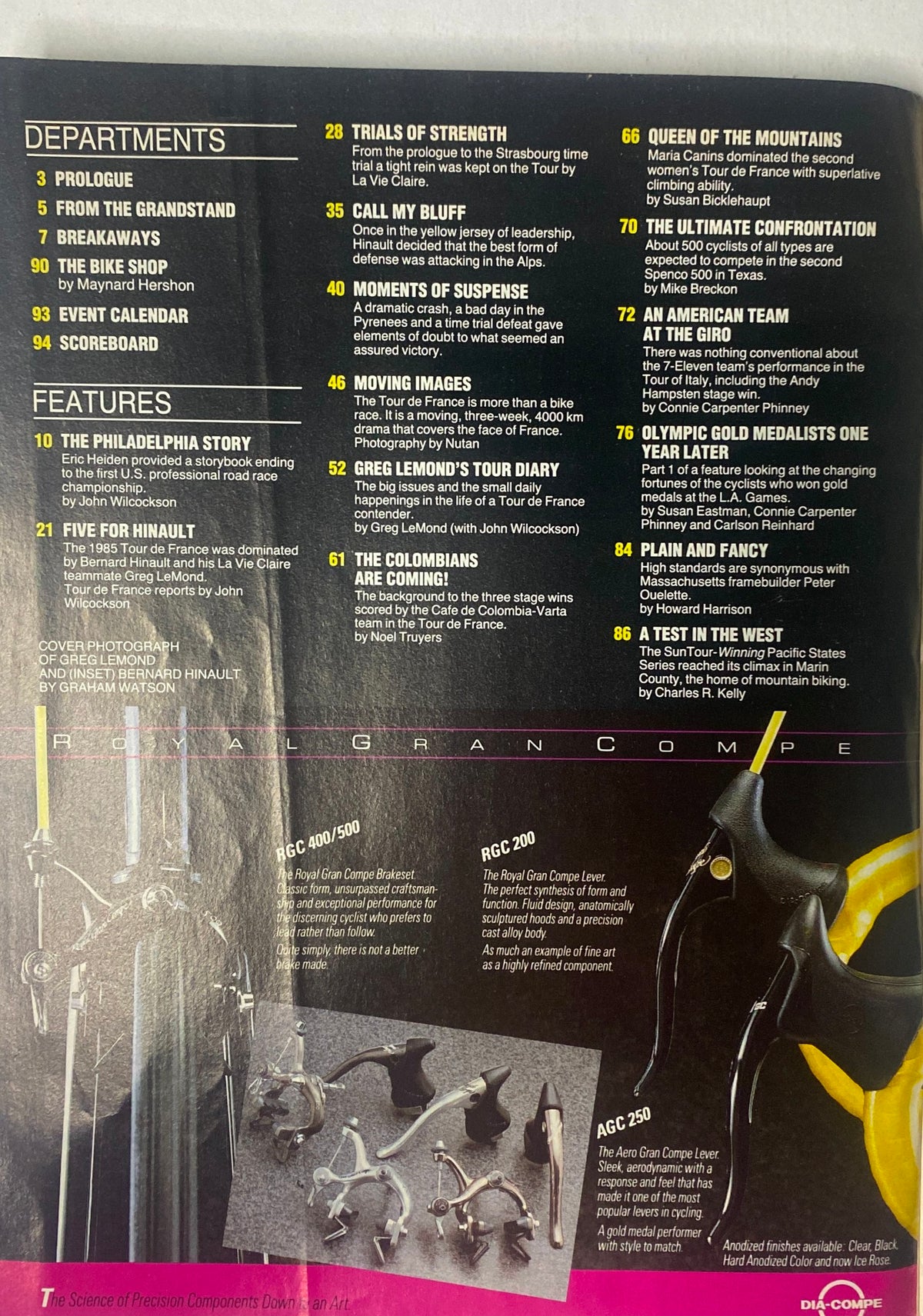 Interior page of Winning Bicycle Racing Illustrated, October 1985 issue displaying magazine contents including features on the Tour de France, Greg LeMond's diary, and the rivalry with Bernard Hinault.