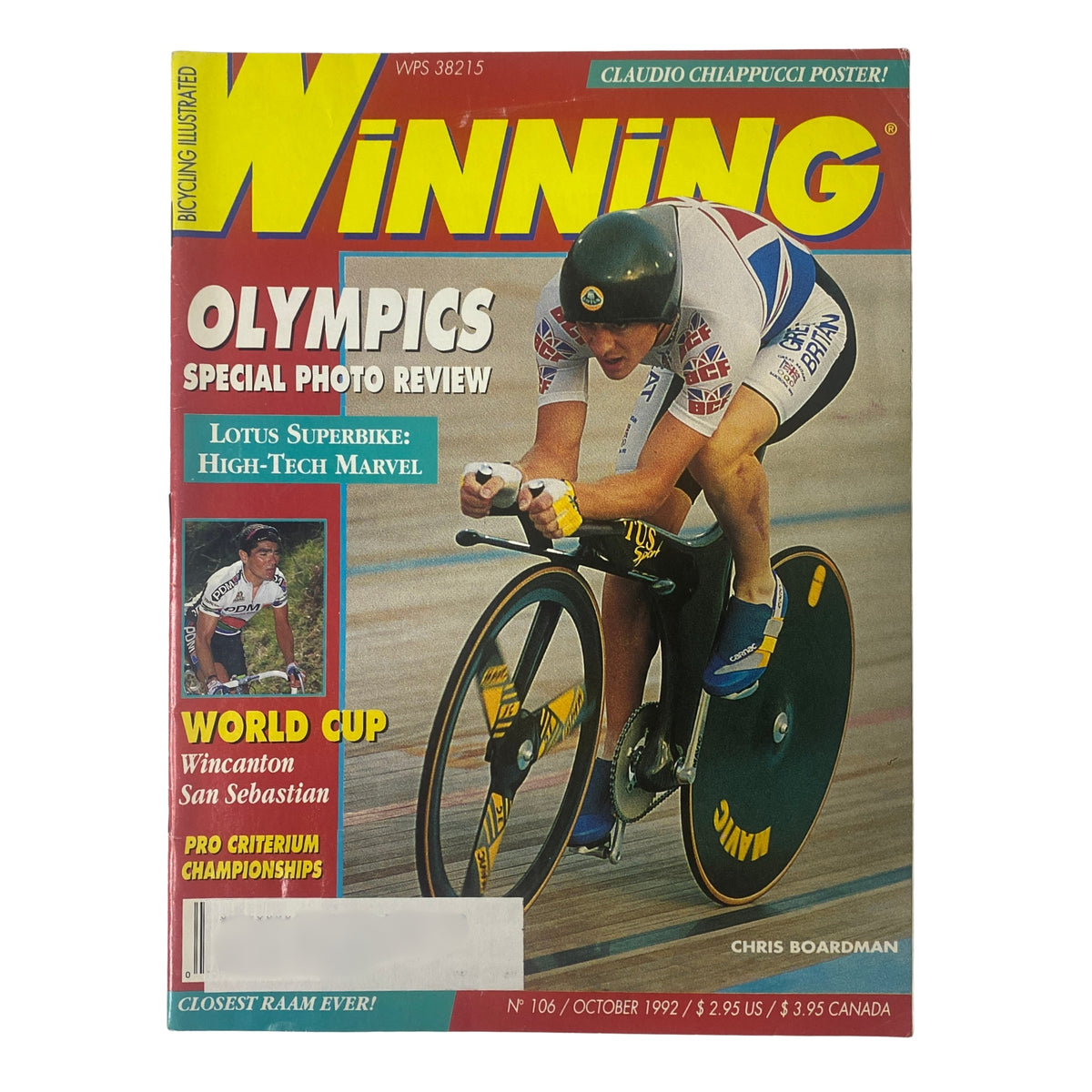 Cover of Winning Bicycle Racing Illustrated, October 1992, featuring Chris Boardman. The magazine highlights the Olympics and pro cycling events with a striking image of Boardman in a racing suit on a time trial bicycle.