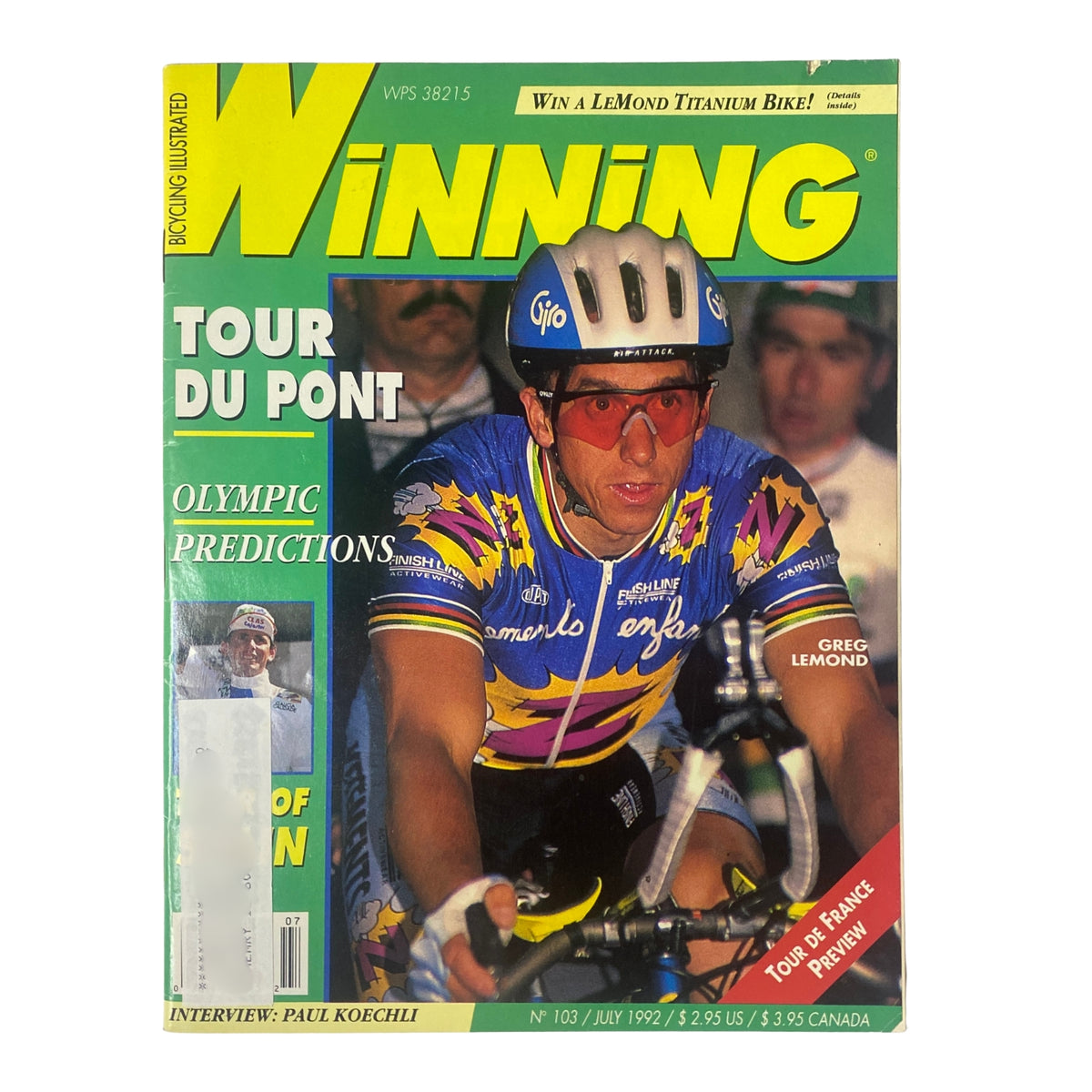 Winning Bicycle Racing Illustrated July 1992 No. 103 cover featuring Greg LeMond wearing a racing helmet and cycling attire, highlighting Tour Du Pont with Olympic predictions.