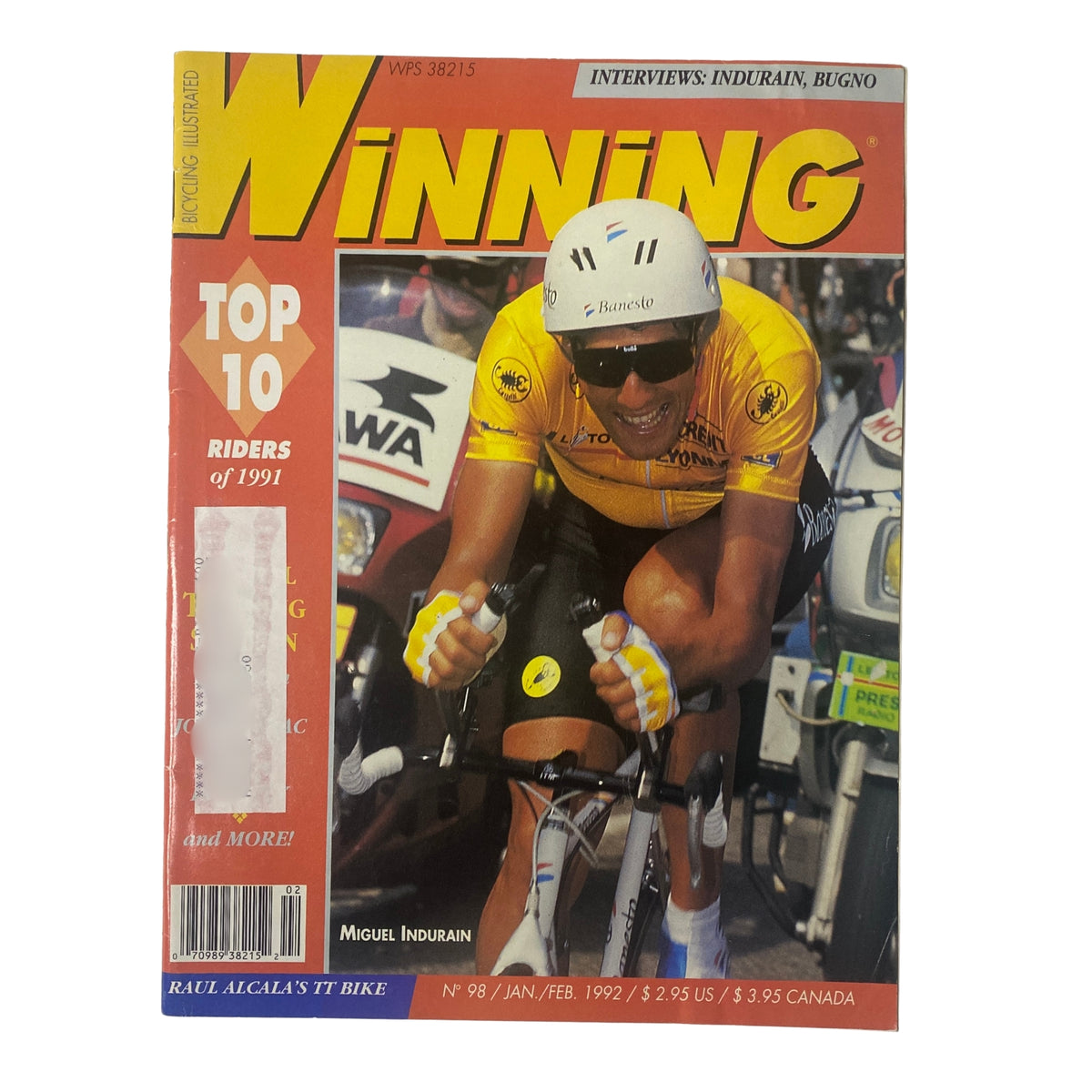 Cover of Winning Bicycle Racing Illustrated January/February 1992 No. 98 featuring Miguel Indurain wearing the yellow jersey and competing in a cycling race.