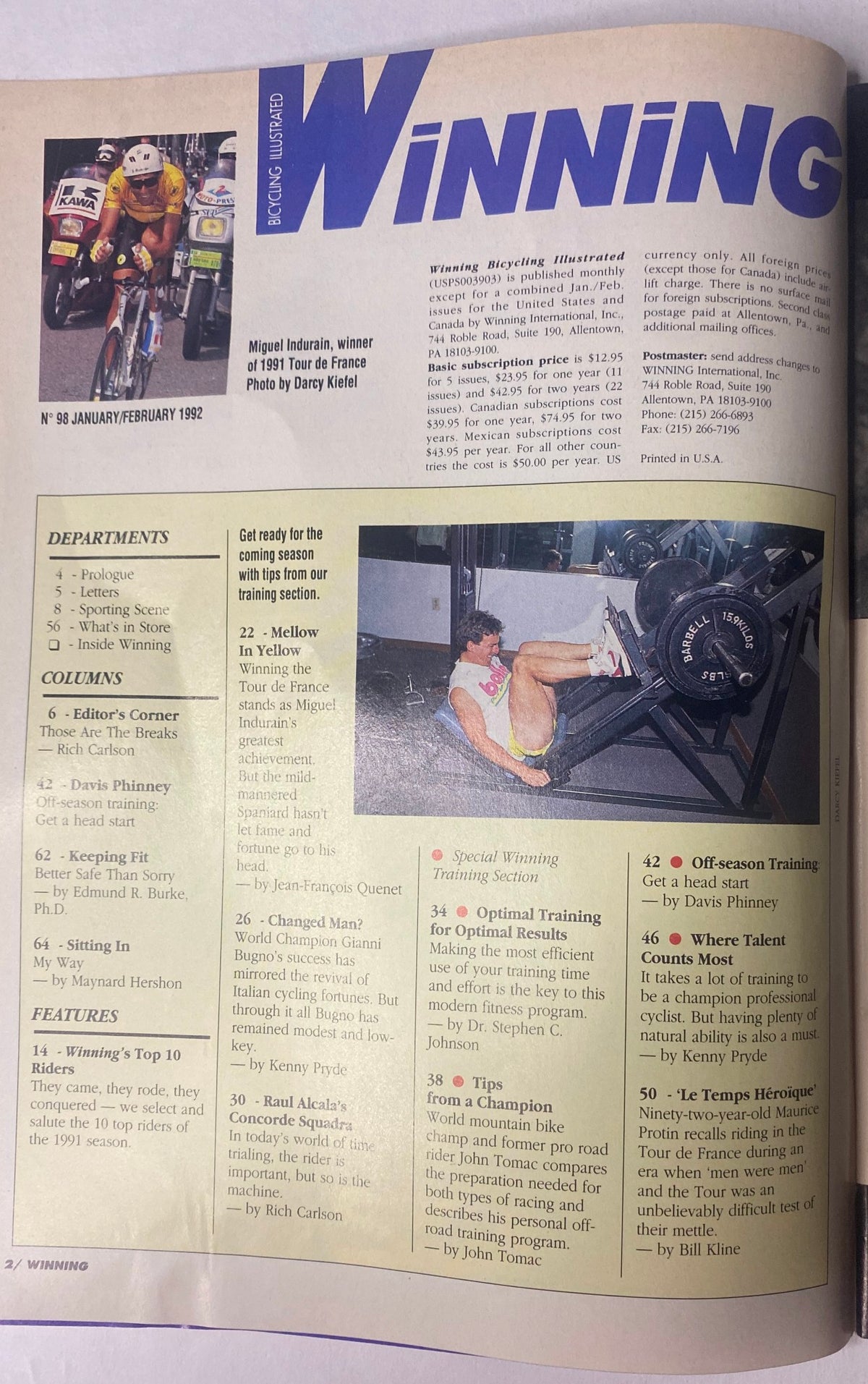 Interior page of Winning Bicycle Racing Illustrated January/February 1992 No. 98 showcasing articles on top cyclists of 1991 and a special training section.