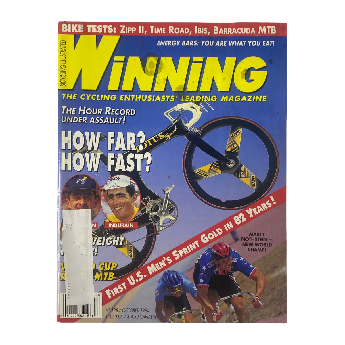 Cover of Winning Bicycle Racing Illustrated, October 1994, No. 128, featuring Miguel Indurain on the cover, highlighting the Hour Record in cycling. Vintage magazine capturing mid-1990s cycling culture.