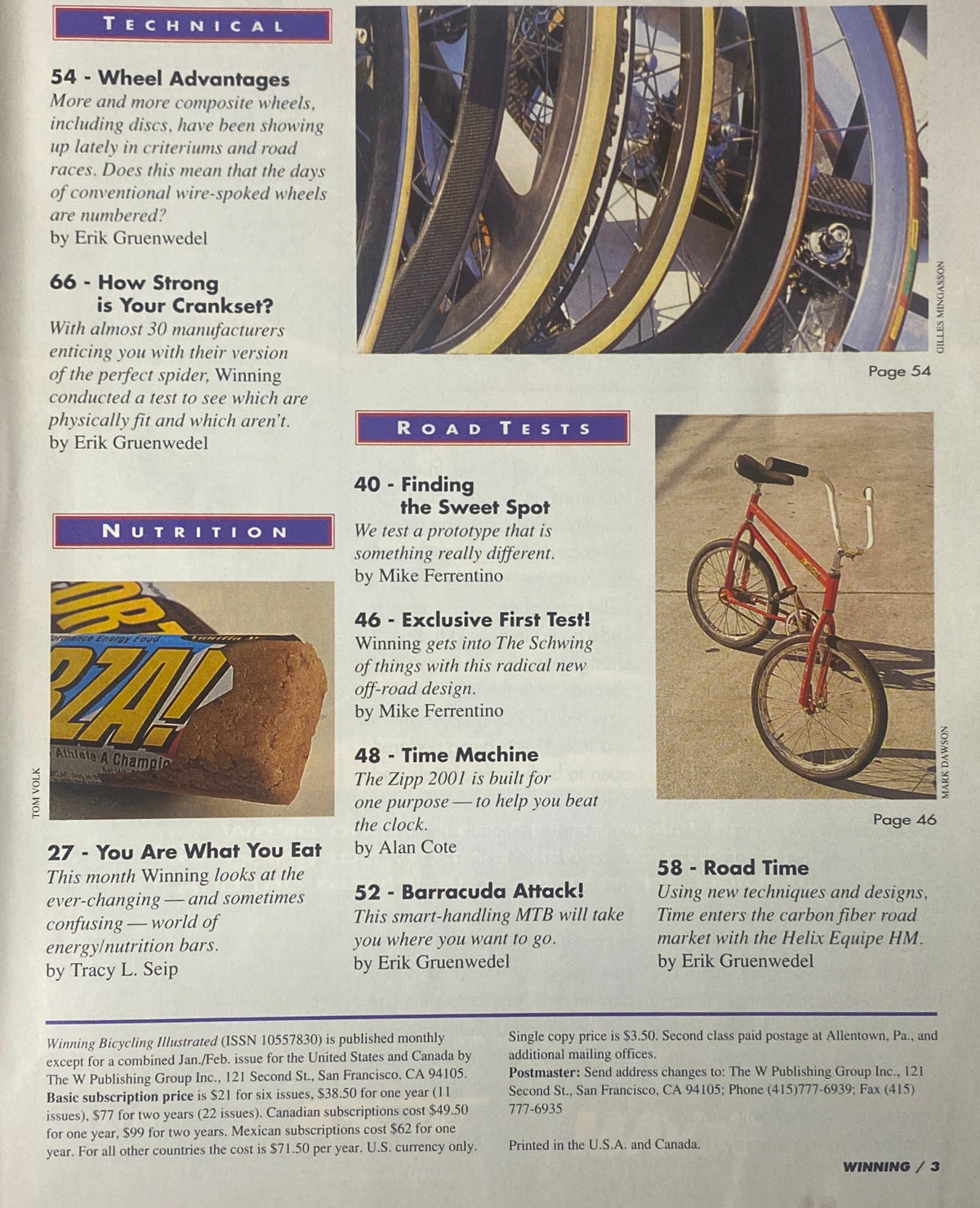 Inside page of Winning Bicycle Racing Illustrated October 1994 No. 128 showcasing technical articles on cycling equipment, nutrition tips, and road test features.