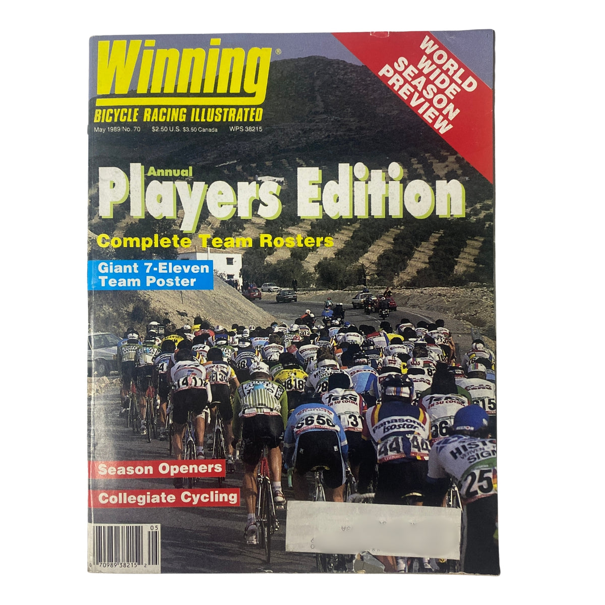 Cover of Winning Bicycle Racing Illustrated, May 1989, No. 70, featuring a vibrant image of cyclists racing on a mountainous road, highlighting the Annual Players Edition with complete team rosters and a Giant 7-Eleven team poster.