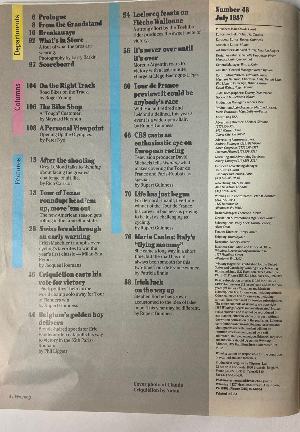 Interior page of Winning Bicycle Racing Illustrated July 1987 No. 48 listing contents like Prologue, columns, and features with highlights on cycling events and profiles.
