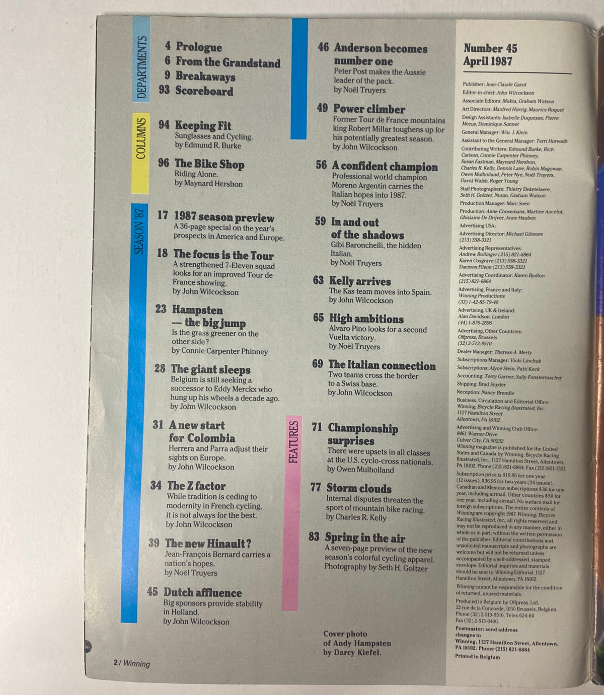 Inside content page of Winning Bicycle Racing Illustrated April 1987 No. 45, outlining featured articles and columns including Andy Hampsten's new start and season previews.