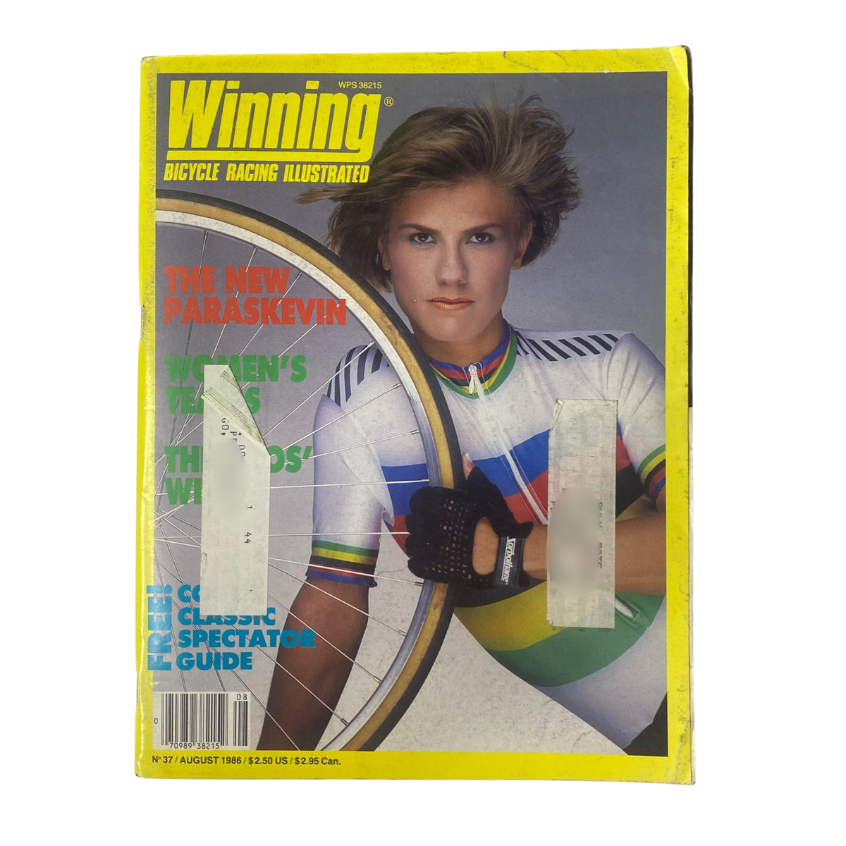 Cover of Winning Bicycle Racing Illustrated, August 1986 (No. 37), featuring Connie Paraskevin. The magazine highlights women's cycling and includes articles on various racing events.