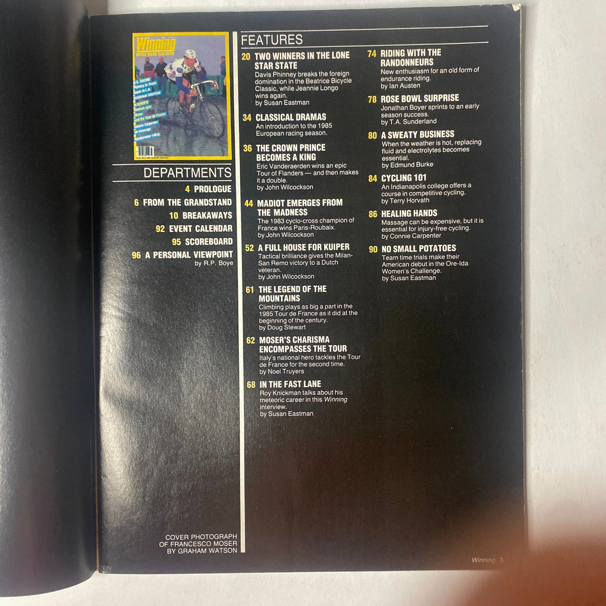 Cover of Winning Bicycle Racing Illustrated, July 1985 (No. 24) featuring Francesco Moser, showcasing highlights of mid-1980s professional cycling, including coverage of major European races.