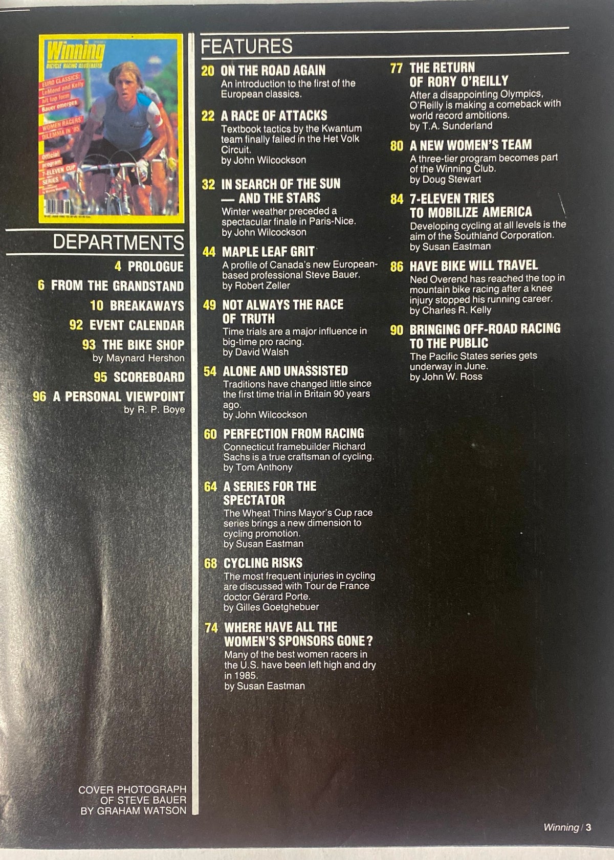 Interior page of Winning Bicycle Racing Illustrated June 1985 No. 23 highlighting features and articles, including cycling tactics, profiles, and event details.