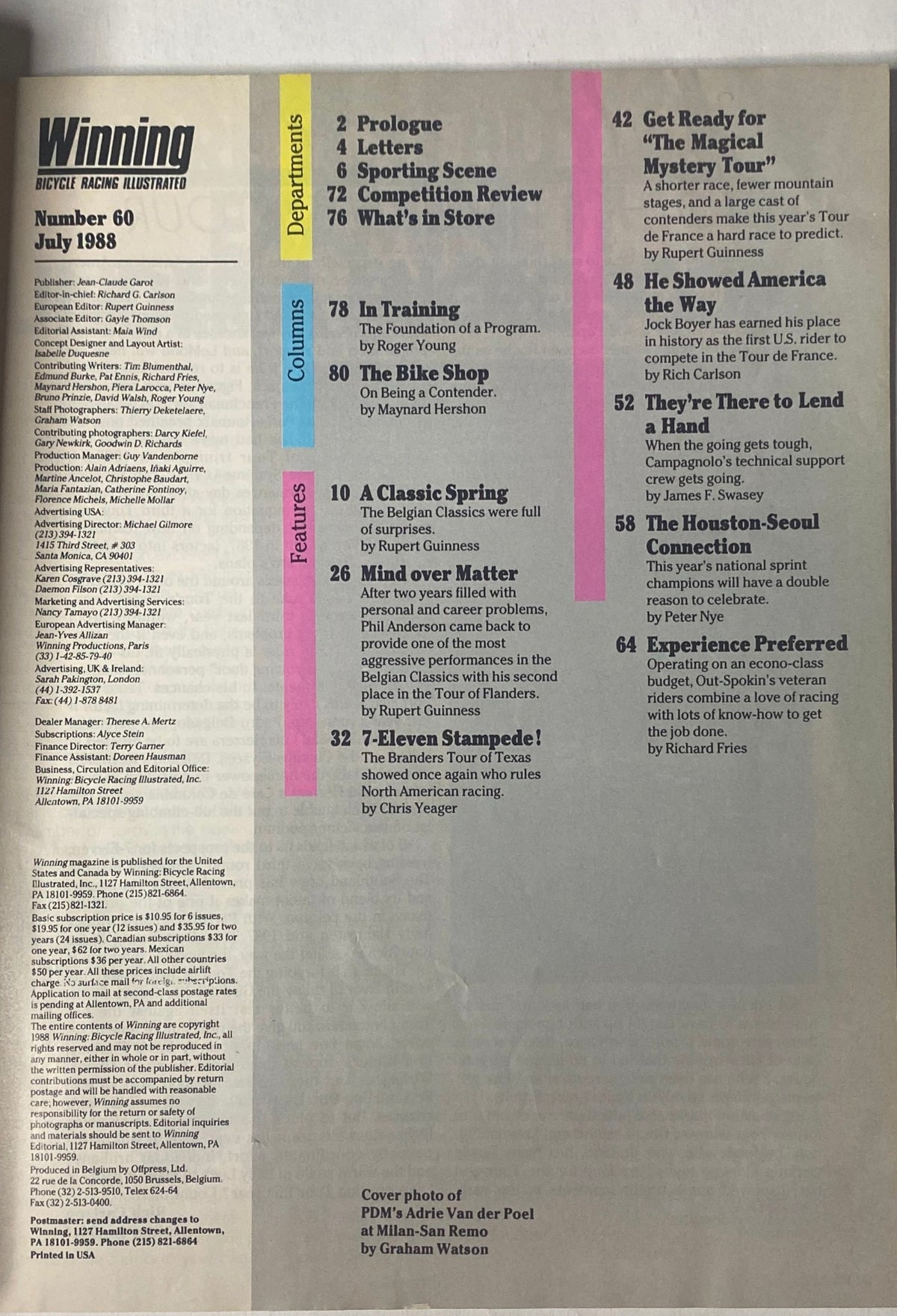 Contents page of Winning Bicycle Racing Illustrated, July 1988, No. 60, detailing sections including Prologue, Training Insights, and features on Belgian Classics and Tour de France preview.