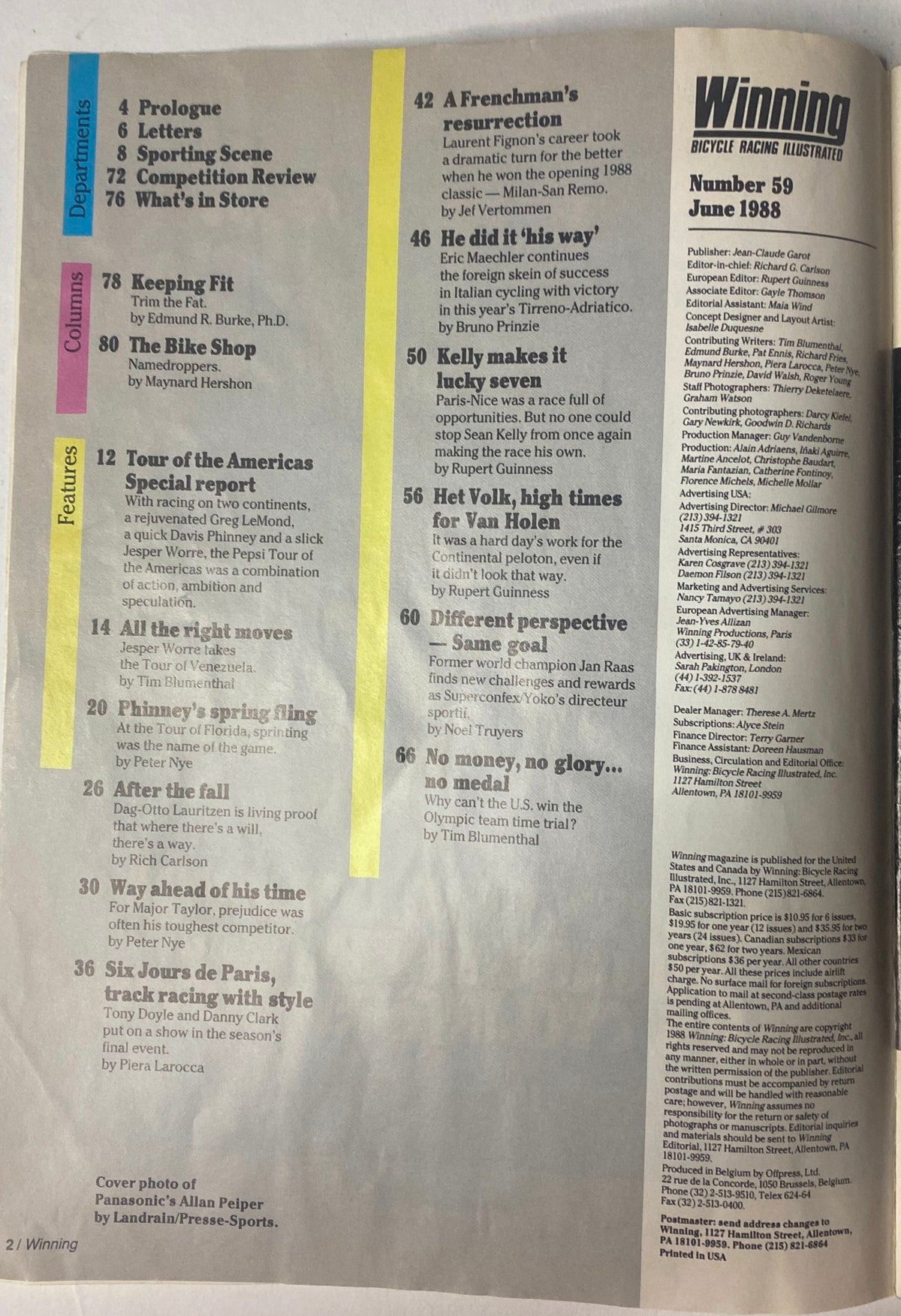 Table of contents for Winning Bicycle Racing Illustrated, June 1988 issue No. 59 featuring Panasonic's Allan Peiper. Highlights include sections on prologue, letters, competition review, and featured articles on cycling events and athletes.