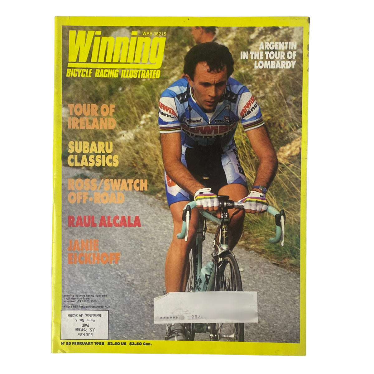 Cover of Winning Bicycle Racing Illustrated February 1988 No. 55 featuring cyclist Moreno Argentin, highlighting the Tour of Lombardy, along with mentions of other cycling events and athletes.