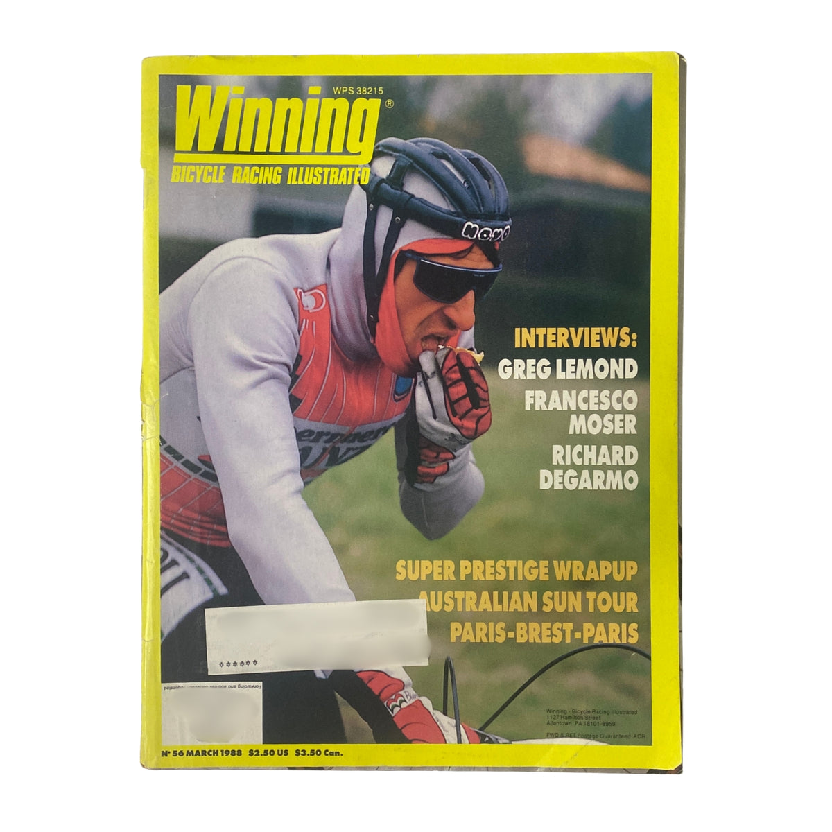Cover of Winning Bicycle Racing Illustrated, March 1988 (No. 56) featuring Francesco Moser, showcasing interviews with cycling legends Greg LeMond, Richard DeGarmo, plus coverage of Super Prestige and Australian Sun Tour events.