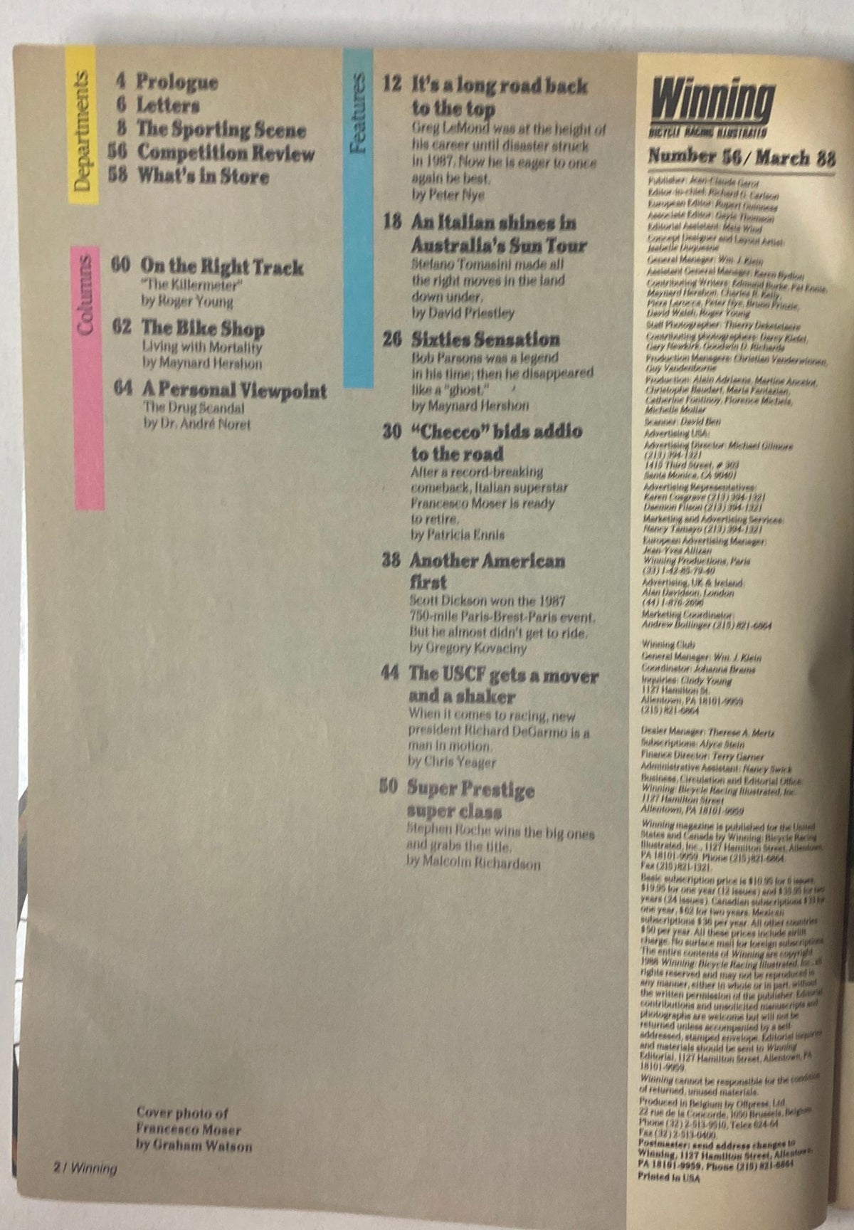 Inside page of Winning Bicycle Racing Illustrated, March 1988 (No. 56), listing contents including articles on cycling legends and significant events such as the Paris-Brest-Paris race.