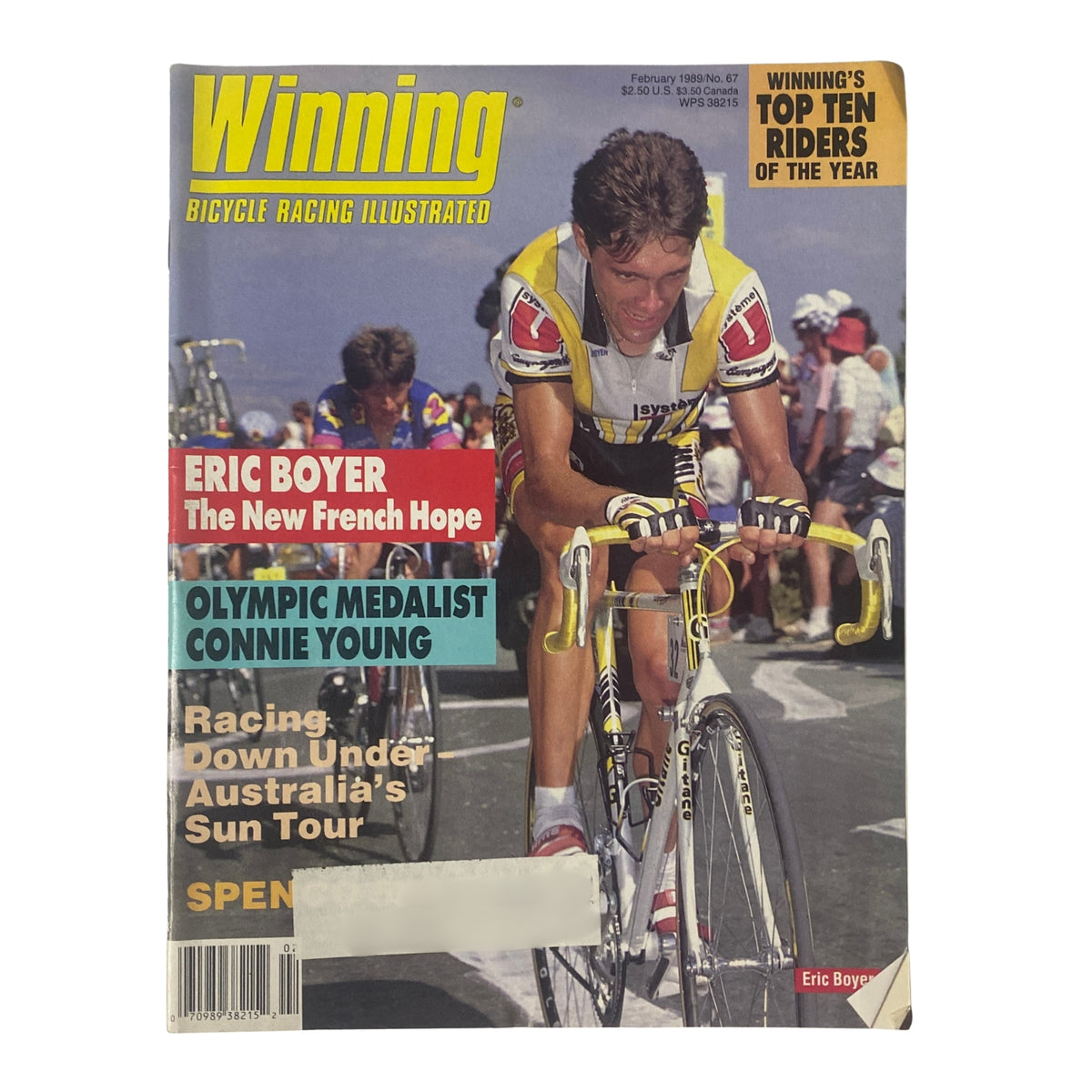 Cover of Winning Bicycle Racing Illustrated - February 1989 (No. 67) featuring Eric Boyer, highlighting Olympic medalist Connie Young and the magazine's Top Ten Riders of the Year, showcasing vibrant cycling scene in Australia.