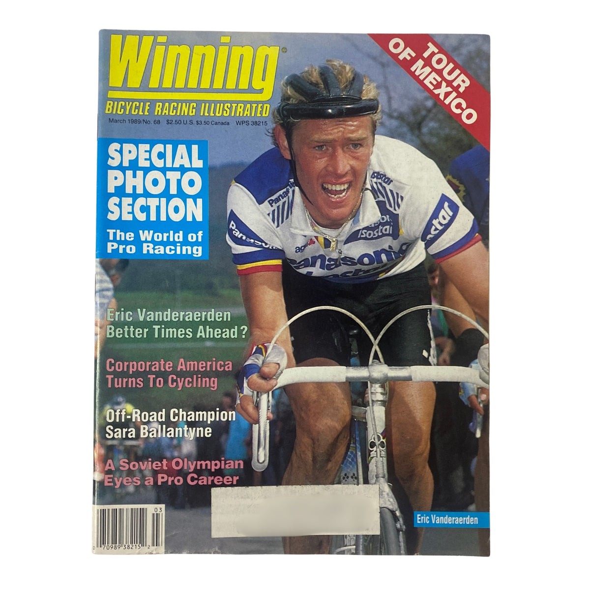 Cover of Winning Bicycle Racing Illustrated, March 1989, No. 68 featuring Eric Vanderaerden, showcasing cycling themes and a photo by Graham Watson.