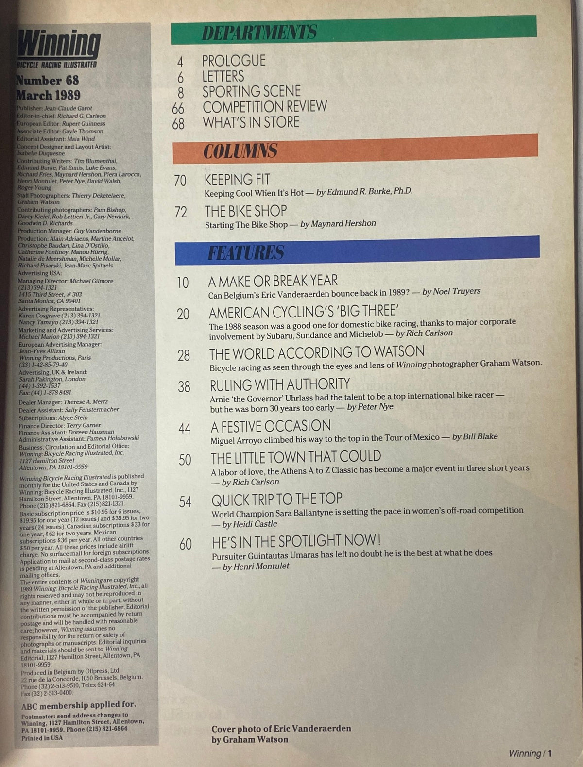 Inner page of Winning Bicycle Racing Illustrated, March 1989, No. 68, detailing departments and features including Eric Vanderaerden and off-road champion Sara Ballantyne.