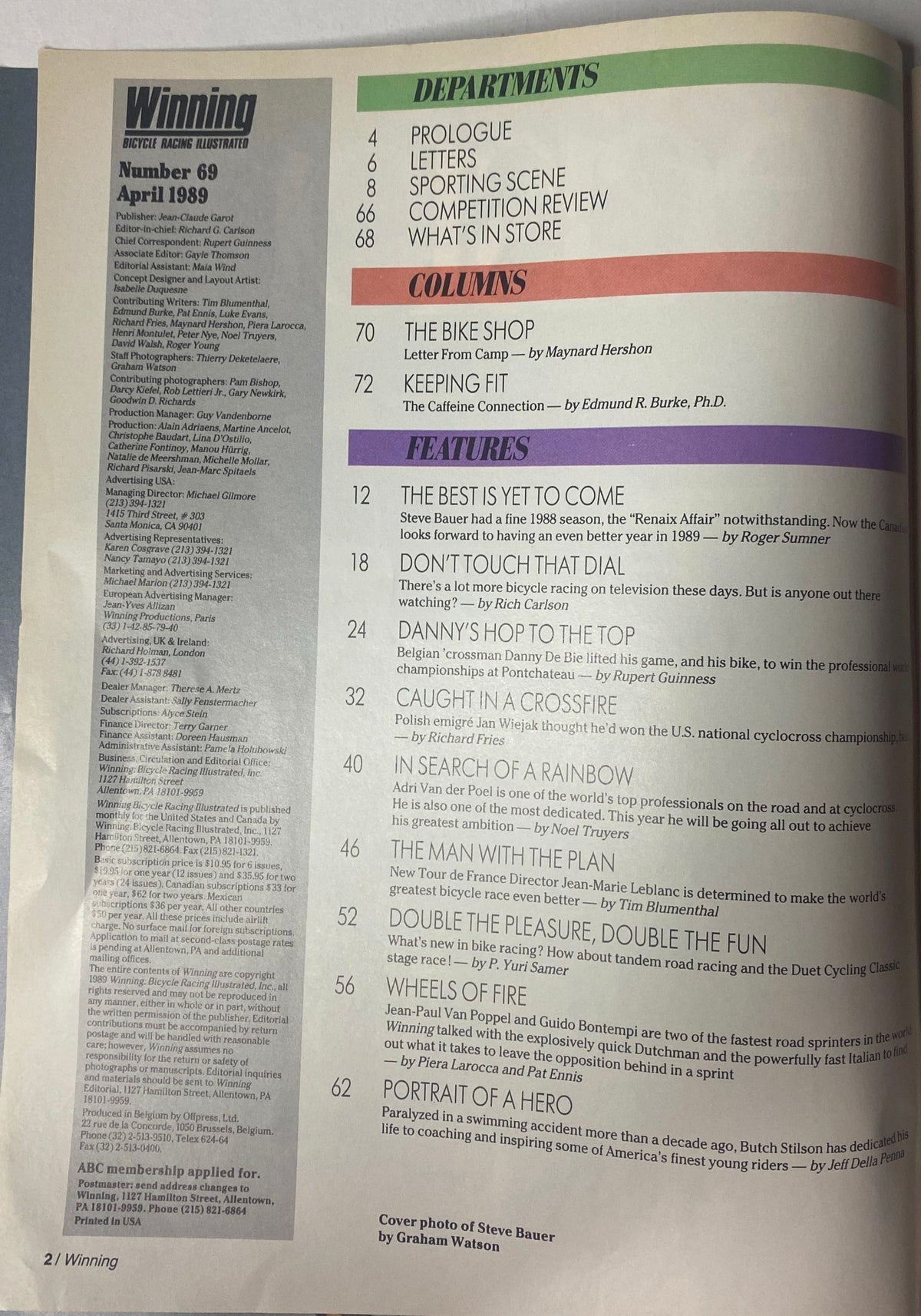Inside page of Winning Bicycle Racing Illustrated April 1989 No. 69, showcasing the table of contents and columns, emphasizing key features and articles related to cycling.