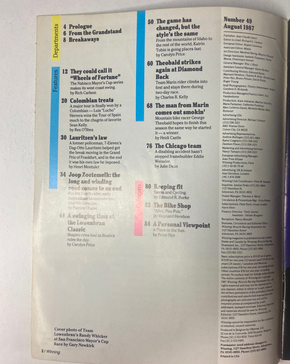Inside contents page of Winning Bicycle Racing Illustrated, August 1987, No. 49, listing features and departments including interviews with Katrin Tobin, Joop Zoetemelk, and George Theobald.