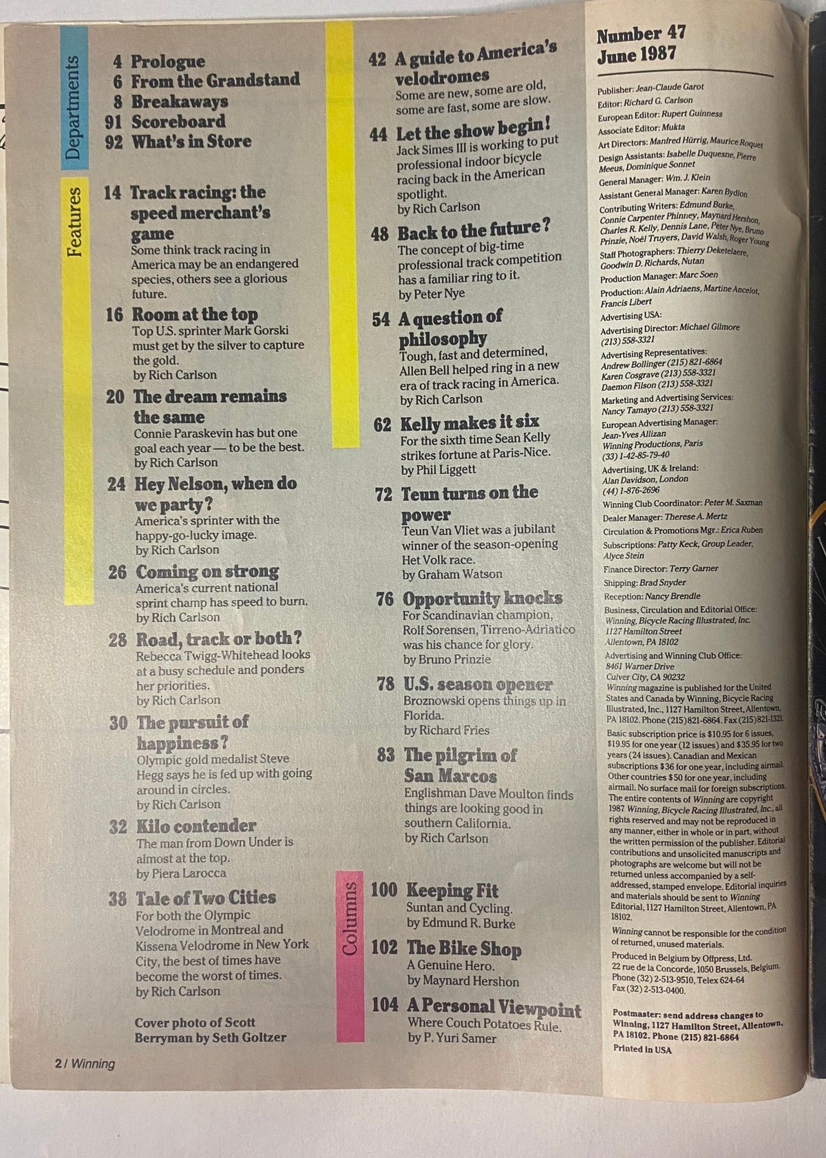 Table of contents from Winning Bicycle Racing Illustrated June 1987 No. 47, outlining features, columns, and departments including interviews with prominent cyclists.