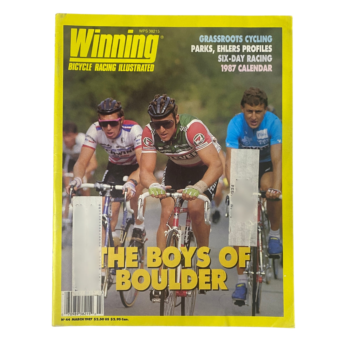 Cover of Winning Bicycle Racing Illustrated, March 1987, No. 44 featuring 'The Boys of Boulder' with cyclists Thomas Prehn, Roy Knickman, and David Phinney racing together.