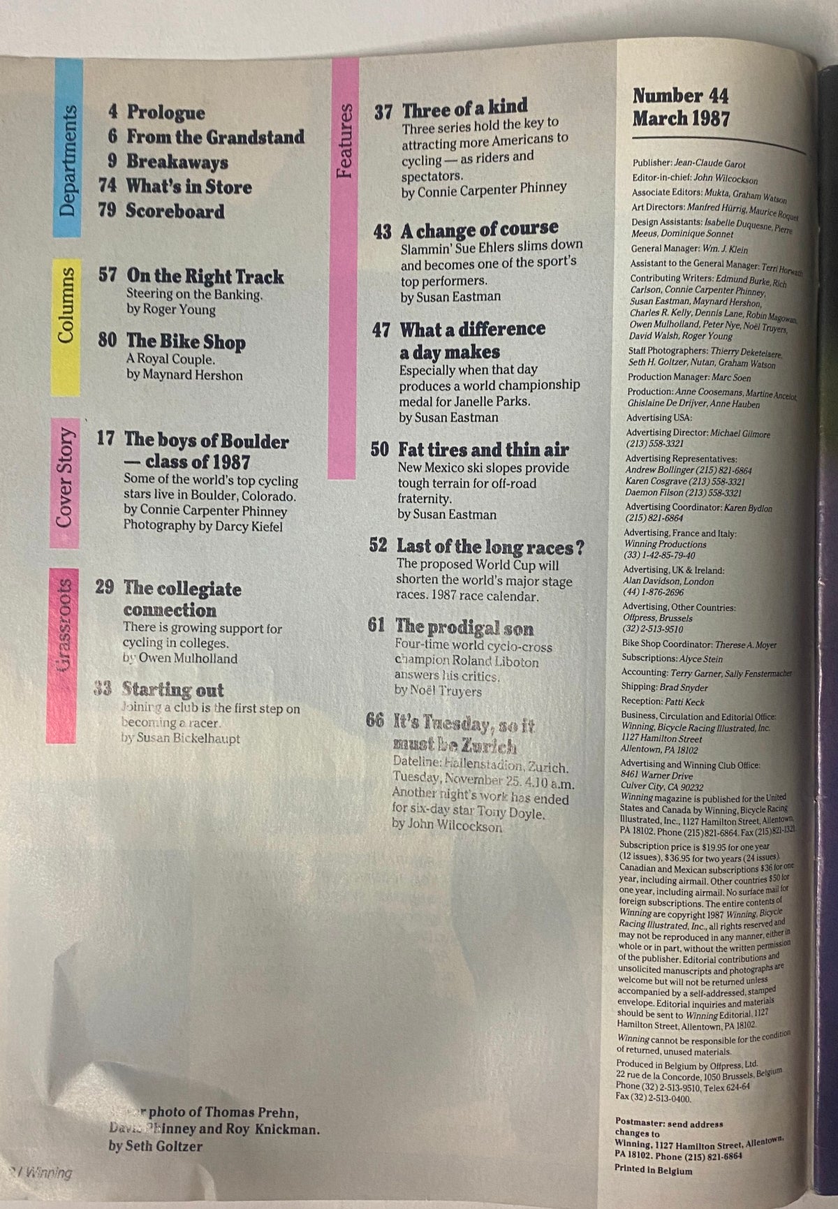 Contents page of Winning Bicycle Racing Illustrated, March 1987, No. 44, listing features including articles on cycling events, profiles of racers, and collegiate cycling.