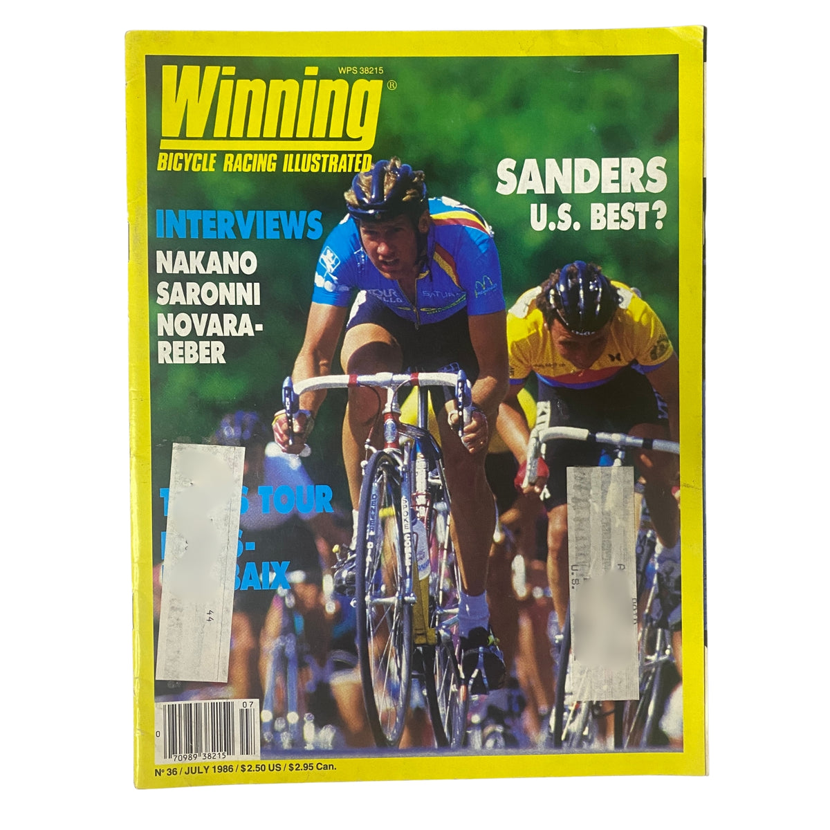 Cover of Winning Bicycle Racing Illustrated July 1986 No. 36 featuring cyclist Glenn Sanders, highlighting interviews with top riders. Good condition, vibrant photography.