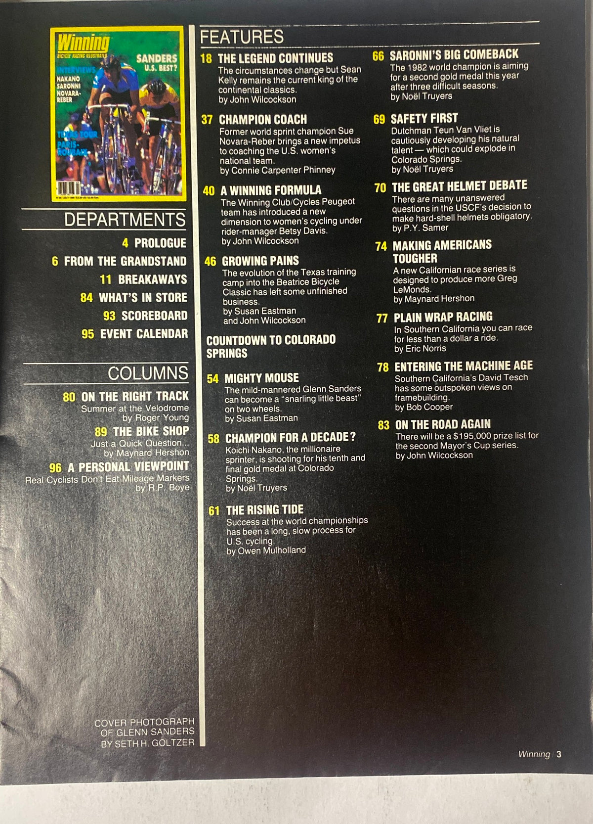 Table of contents from Winning Bicycle Racing Illustrated July 1986 No. 36, detailing features, departments, and columns including profiles of cyclists and cycling insights.