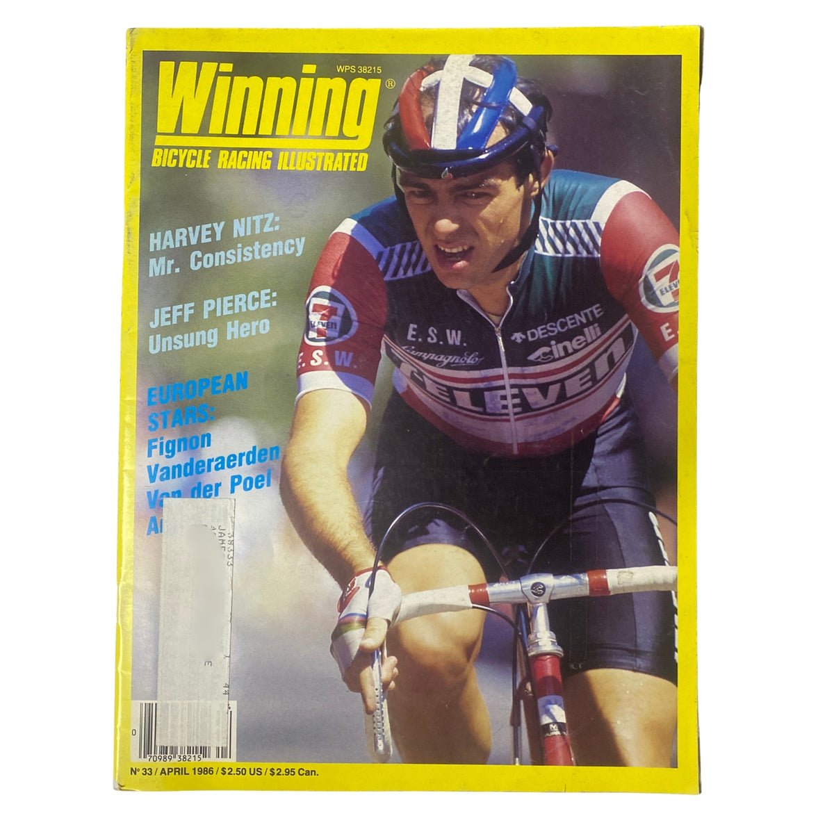 Cover of Winning Bicycle Racing Illustrated, April 1986, No. 33 featuring Harvey Nitz, showcasing cycling themes with focus on the European spring classics and profiles of cycling athletes.