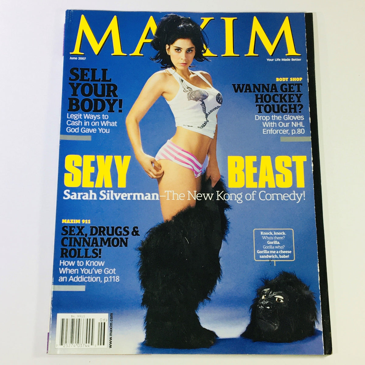 Cover of Maxim Magazine June 2007 featuring comedian Sarah Silverman in a humorous pose with the headline 'Sexy Beast' showcasing her edgy charm, accompanied by features about NHL enforcers.