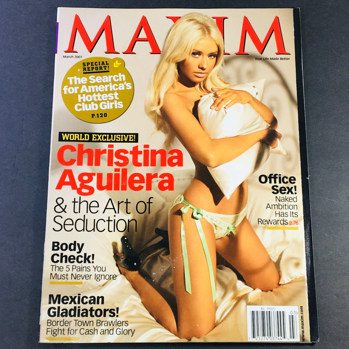 Maxim Magazine March 2007 cover featuring Christina Aguilera, showcasing her in seductive attire, highlighting the theme 'The Art of Seduction' along with other enticing articles and features.