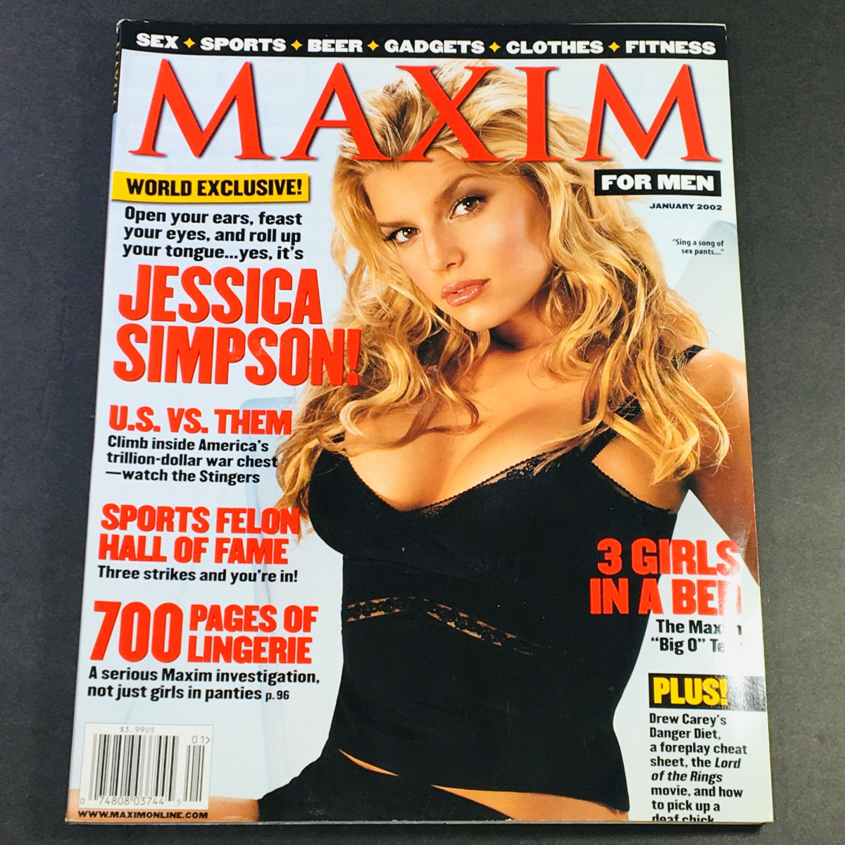 Cover of Maxim Magazine January 2002 featuring Jessica Simpson, highlighting the Sports Felon Hall of Fame and articles on U.S. vs Them.
