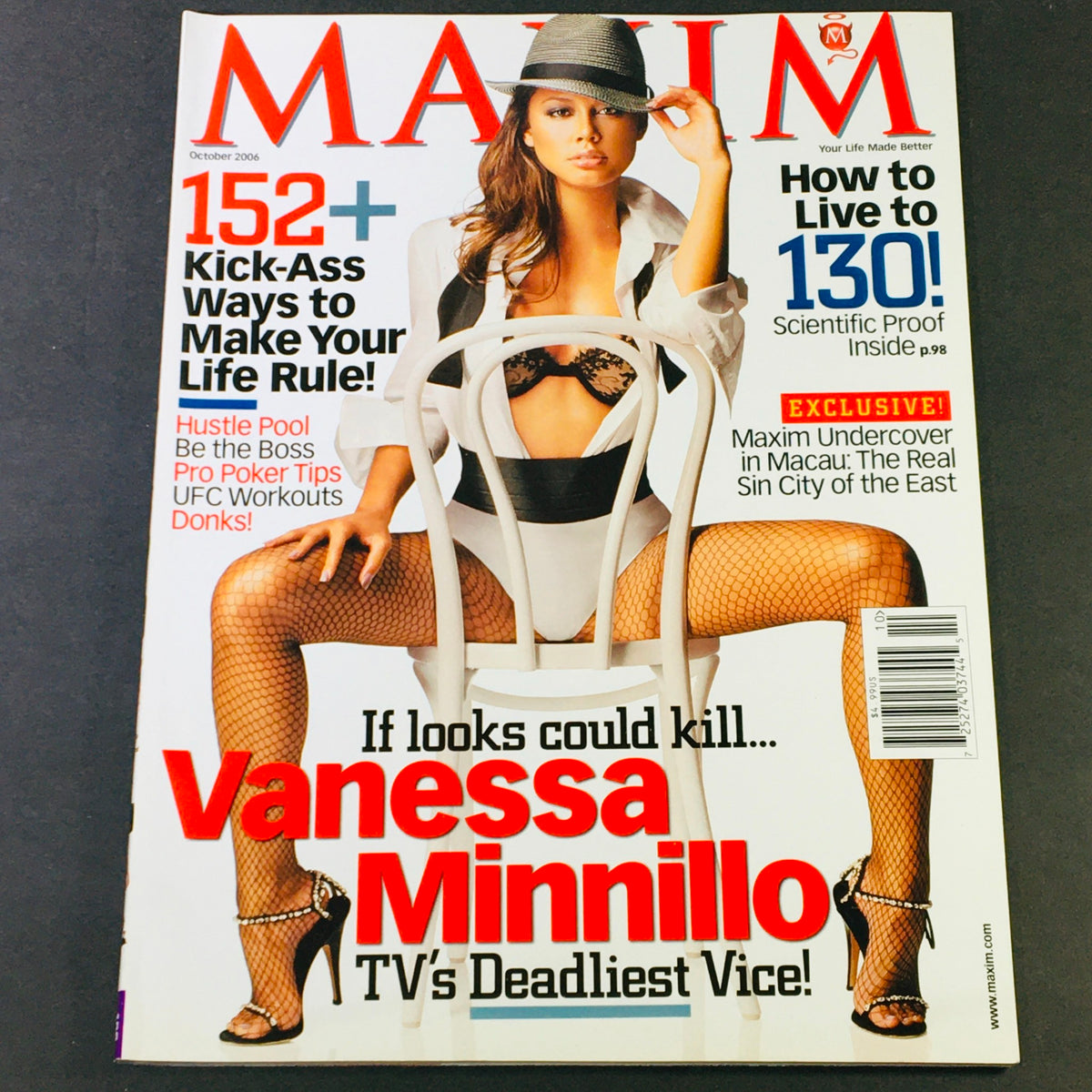 Cover of Maxim Magazine October 2006 featuring Vanessa Minnillo, titled 'TV's Deadliest Vice'. The magazine showcases Vanessa in a provocative pose with a stylish hat, emphasizing early 2000s pop culture and celebrity allure.