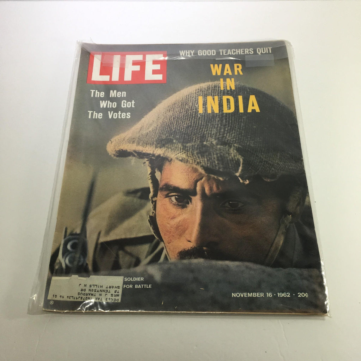 Life Magazine cover from November 16, 1962 featuring the title 'War In India' and depicting a focused Indian soldier. This vintage magazine showcases a significant historical event and is a collectible item for enthusiasts of vintage publications.