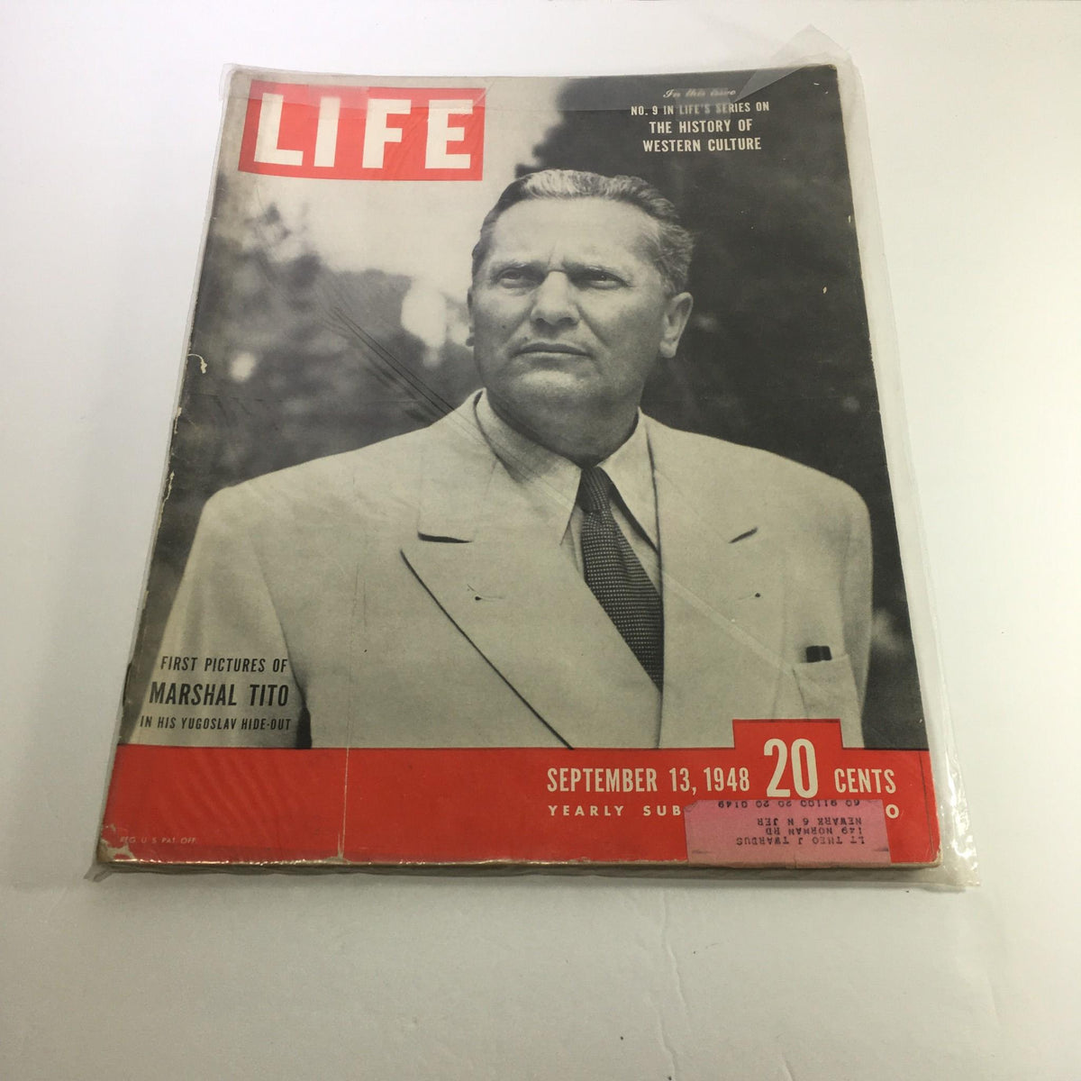 Vintage Life Magazine September 13, 1948, featuring Yugoslavia's President Josip Broz Tito on the cover. The magazine highlights early Cold War politics, showcasing Tito's leadership and includes the price of 20 cents. This collectible magazine offers a glimpse into the historical context of the late 1940s.