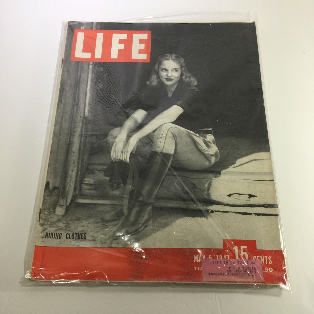Life Magazine cover dated May 5, 1947 featuring Grace Patricia Kelly in stylish riding clothes, showcasing mid-20th century elegance and Hollywood glamour, preserved in protective plastic wrap.