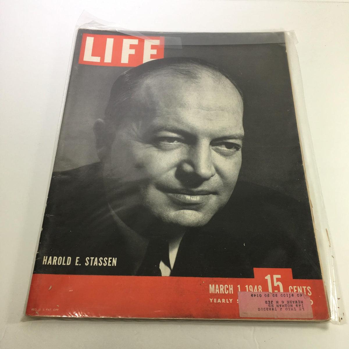 Life Magazine cover from March 1, 1948 featuring Harold E. Stassen, showcasing a black-and-white portrait of Stassen against a bold red background with 'LIFE' at the top and details of the issue at the bottom.