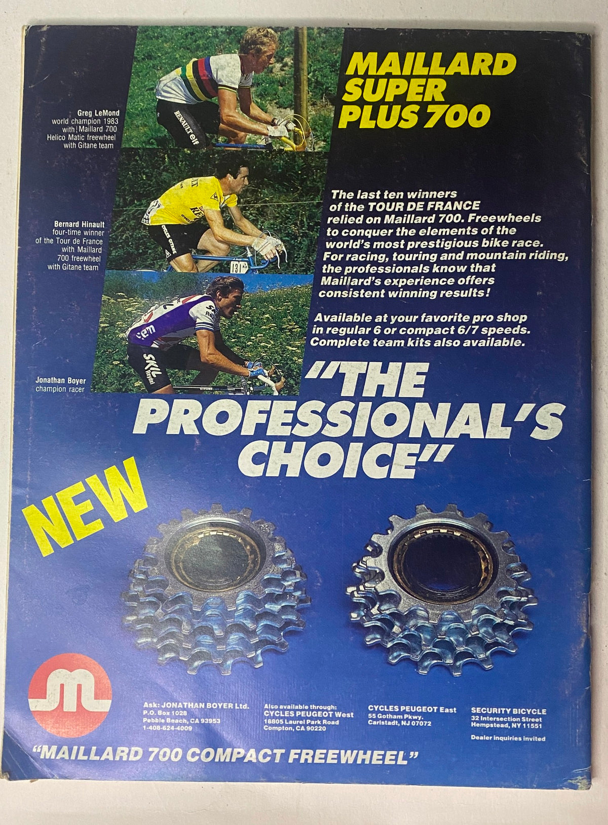 Advertisement for Maillard Super Plus 700 bicycle components featured in Winning Bicycle Racing Illustrated, May 1985, highlighting advancements in cycling gear.