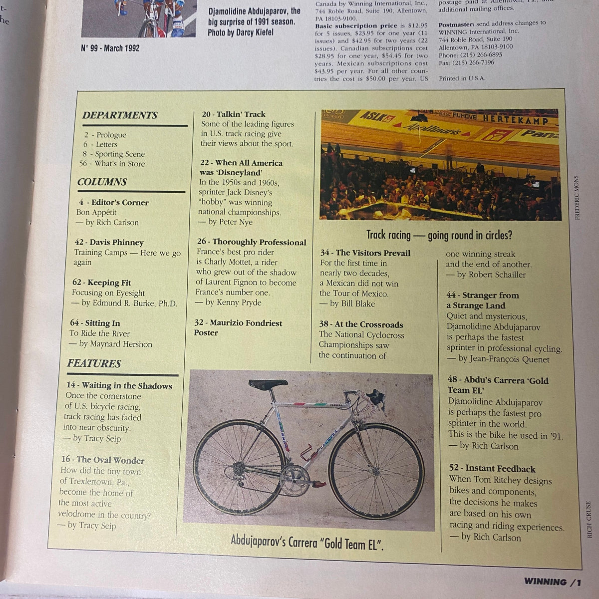 Table of contents from Winning Bicycle Racing Illustrated, March 1992, featuring Djamolidine Abdoujaparov and Maurizio Fondriest poster.